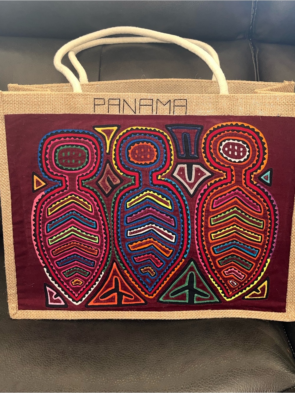 Panamanian Mola Tote Bag. Handmade. Multi overlay w/ Stitching. Folk Art.